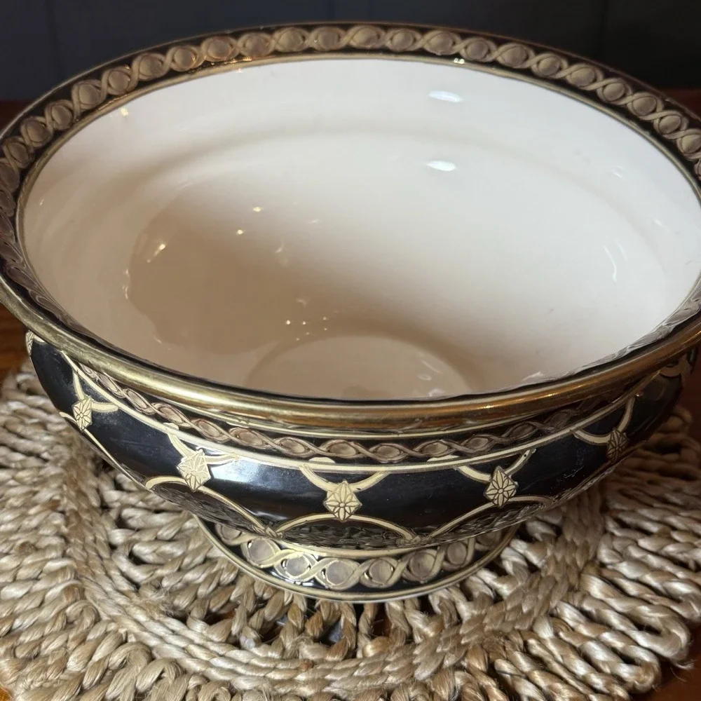 Asian Footed Pedestal Bowl Black & Gold Hand Painted Geometric Planter 12.5